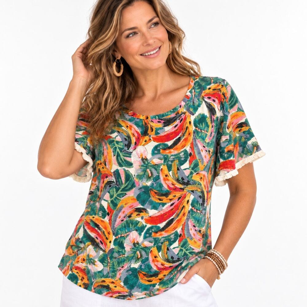 Chicos Tropical Banana Print Tee Size 1 (Womens Medium) Linen Fringe Top